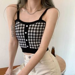 Women's T-Shirt Plaid Button Tank Tops Spaghetti Strap Women Summer Fashion 2023 Y2K Cute Korean Knitted Tight Sleeveless Vest Crop Top Female S245316