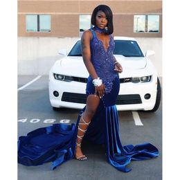 King Blue African Prom Dress For Women Sparkly Crystal Beaded Slit Veet Black Girl Birthday Celebrity Queen Gown Gala 0531