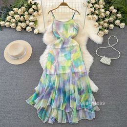 Gentle and sweet strapless waist cinching A-line halo dyed print fishtail strap dress for beach vacation beach dress