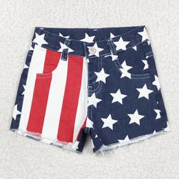 Clothing Sets SS0168 Wholesale Style Summer Girls National Day Red And White Striped Star Blue Denim Shorts Western Boutique Jeans