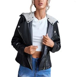 Women's Jackets Vintage Pu Faux Leather Short Jacket Autumn Winter Female Side Zipper Detachable Hood Coats Casual Slim Fit Moto Biker