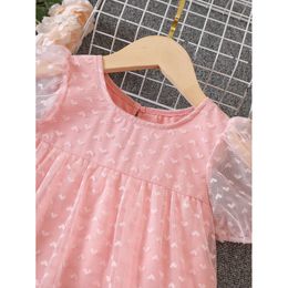 Girls Summer New Sweet Cute Pink For Small And Medium Children Bubble Sleeve Mesh Lace Dress