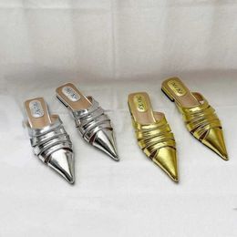 Slippers Womens shoes mule sliders spring and summer sandals womens gold and silver elegant low high heels sexy designer sliders direct shippingL2405
