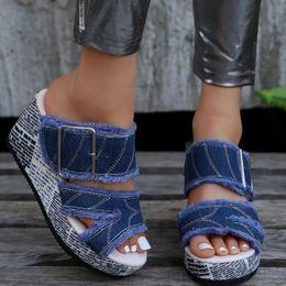 Sandals Fashion Wedges Shoes Women New Summer Flat Strap Buckle Design Slippers Women Blue Slope Heel Slippers Ladies Denim Beach Sandal T240530