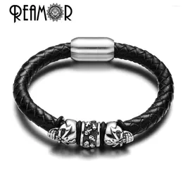 Strand REAMOR 17-21cm Trendy Men Black Leather Bracelet Punk Style 316l Stainless Steel Skull Bead Bracelets With Strong Magnet Clasp