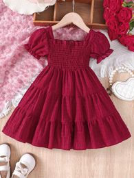 Girl's Dresses Summer New Arrivals Toddler Girls Casual Vacation Style Dress Seaside Beach Sweet Cute Puff Sleeve Burgundy Dress Y240529