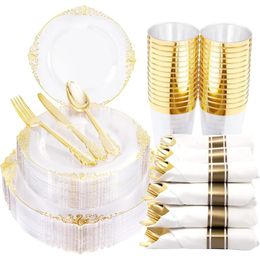 350pcs Clear Gold Disposable Dinnerware Sets Includes Dinner Plates Dessert Cups Rolled Napkin Cutlery 240520
