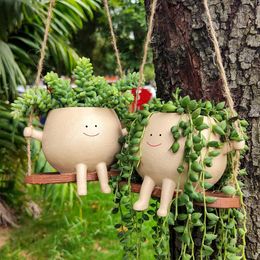 Lovely Swing Face Planter Pot Unique Wall Hanging Head Creative Resin Cute Succulent Plant With Twine Home Decor For Indoor 240529