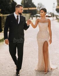 One pcs Champagne Strapless Mermaid Prom Dresses Sexy High Side Split Evening Gown Long Formal Party Bridesmaid Dress Open Back1357231