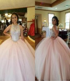 Sexy Crystal Top Quinceanera Dresses Pink Jewel Tulle Ball Gown Prom Dresses Vestidos Sweet 16 Dresses Open Back Floor Length Plus2566362