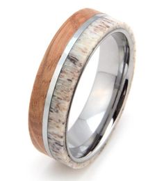 Mens Womens 8mm Tungsten Carbide Ring Deer Antler and Whisky Barrel Wood Inlay Wedding Band Comfort Fit Size 713 Include Half Siz3218426