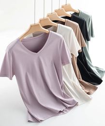 MRMT Brand Womens Mulberry Silk Mercerized Cotton T Shirt Women TShirt Loose Simple V Neck Slim Short Sleeve Top Tees 240531