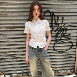 Women's Blouses Deeptown Women Basic White Casual Korean Fashion Preppy Style Short Sleeve Shirts Work Wear Office Look Summer Crop Tops
