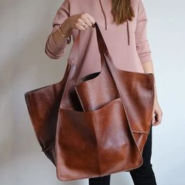 European and American retro simple large bag soft leather large capacity single shoulder handbag solid color womens bag 240529