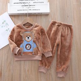Clothing Sets Winter Warm Kids Loungewear Suit Baby And Girls Boys Embroidery 3D Cartoon Full Fleece Coat Tops Pant Child 2PCS Homewear