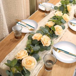 1.75M Artificial Eucalyptus with Rose Flowers Garland Hanging Vine Greenery Plants for Wedding Party Home Backdrop Wall Decor 240520
