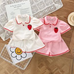 Baby Girl Clothes Summer Knitwear Polo Shirt Shorts 2 Pieces Set 3D Strawberry Decoration Toddler Girls Cotton Tracksuit 240527
