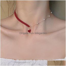 Pendant Necklaces Red Heart Pearl Simple Temperament Necklace Fashion Ladies Drop Delivery Dhjgc
