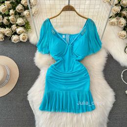 Fashionable and Spicy Girl Sexy Lotus Leaf Sleeves Deep V-Neck Low Chest Waist Slimming Short Style Wrapped Hip Ruffle Edge Mesh Dress