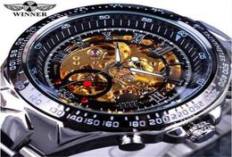 Winner Classic Series Golden Movement Inside Silver Stainless Steel Mens Skeleton Watch Top Brand Luxury Fashion Automatic Watch239311405