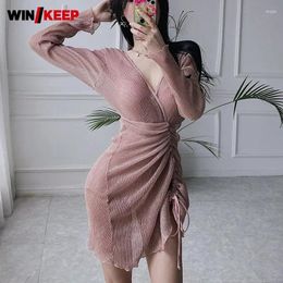 Women's Swimwear Long Sleeve Sexy Skirt One Piece Swimsuit Womens V-Neck Fashion Elegant Solid Korean Style Summer Female