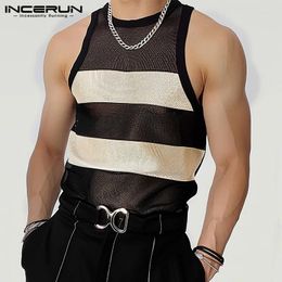 Men's Tank Tops Korean Style Mens Mesh Contrast Color Patchwork Sexy Stylish See-through Thin Sleeveless Vests S-5XL INCERUN 2024