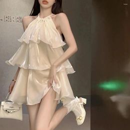 Casual Dresses Summer Halter Sleeveless Dress Korean Elegant Hollow Loose Ladies Robe Sexy Shoulderless Chiffon Solid Ruffle Mini 2024