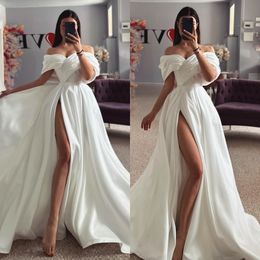 Boho A Line Wedding Dress for bride off shoulder satin country Wedding Dresses backless vestidos de novia thigh split bridal gowns