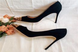 Fashion Women Pumps Black Suede Shoes with Head Nail Thin Heel Pumps Gold Spikes Pointy Toe High Heels Pearls Shoe Bride W8065737