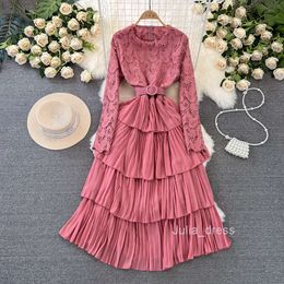 Fashionable socialite temperament long sleeved round neck water soluble lace patchwork waist slimming A-line ruffled edge cake dress