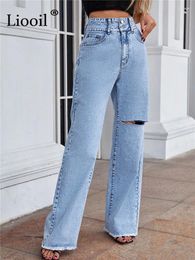 Women's Jeans Liooil Distressed Ripped Loose Wide Leg Women High Waist Vintage Denim Trousers Streetwear Blue Sexy Hole Jean Pants