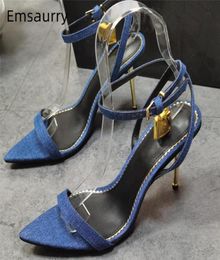 String Locked Decor Ankle Strappy Sandals Women Metal Thin High Heels Denim Blue Point Open Toe Summer Shoes6955210