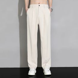 Spring Summer Ice Silk Thin Casual Young Mens Slim Fit Suit Pants Solid Button Zipper Pockets Versatile Straight Loose Trousers 240531