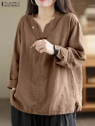 Vintage Women Blouse Autumn Long Sleeve Shirt Female V Neck Work Holiday Blusas ZANZEA Casual Solid Loose Cotton Chemise 240531