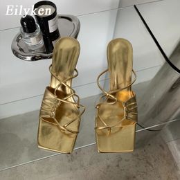 Eilyken Gold Narrow Band Women Slipper Female Square Pinch Toe Low Heel Slides Sandal Flip Flops Mujer Shoes 240531