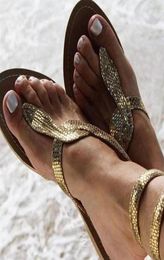 Sandals Women Flats 2022 Summer Snake Ankle Strap Bling Gold Beach Flat Shoes Size 35435532366