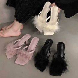 Dress Shoes Shoes Female Hot Sale 2024 Summer Fashion Fluffy Furry Womens Slippers Classic Square Toe Party Banquet Sexy High Heel Slides H240530