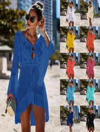 Women Beachwear Bikini Cover Ups Summer Swimwear Hollow Out Knit Skirt Trumpet Sleeve Swimsuit Blouse Sun Protection Clothing4927220