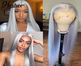 Straight Lace Front Wigs for Black Women GreyDark Blue color Transparent Machine Made Brazilian Simulation Human Hair Synthetic W24078955