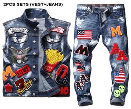 Fashion Slim Mens Tracksuits Washed Embroidered Skull Paint Cowboy Vest and Embroidered Flag Badge Paint Jeans Street Style 2 Piec5399850