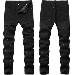 Men's Jeans Mens denim jeans distressed design lace legs casual pants elastic regular fit black Trouser newcomer J240531