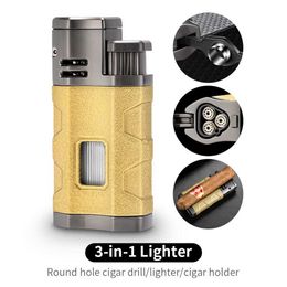 Lighters 3 In 1 Cigar Lighter Windproof Flame with Punch Transparent Window Cigar Holder Christmas Gift Package Portable Multifunction S24530