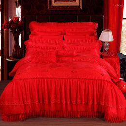 Bedding Sets Red Pink Luxury Stain Embroidery Wedding King Queen Size 4/6/10Pcs Royal Bedclothes Duvet Cover Bedspread Set 36