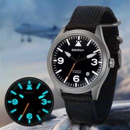 Other Watches Berny Pilot Mens Titanium Automatic Watch Sapphire AR Coating 10Bar Super Glow Mens Watch Sports Aviation Mens Watch J240530
