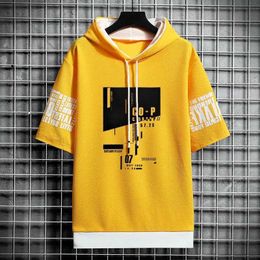 Men's T-Shirts Japan Style Mens Hoodies Fashion Streetwear Short Sleeve Hooded Sweatshirts Men Casual Harajuku Prints Men Clothing Hoodies S53105