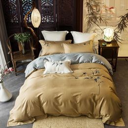 Bedding Sets Egyptian Cottton Set Modern Bamboo Leaf Embroidery Bedclothes 4pcs Duvet Cover Queen King Size Soft Bed Linen