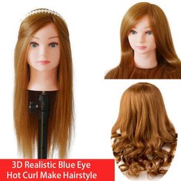 Mannequin Heads New Arrival Female 3D Blue Eye Blonde Gold Human Hair Mix Synthetic Professional Hot Curl Training Styling Head Mannequin Doll Q240530