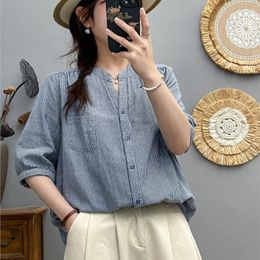 Women's Blouses Summer Women Striped Shirts Half Sleeve V Neck Soft Cotton Yarn Lady Tops Casual Loose Female Clothes