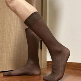 Men's Socks Sheer Men Thin Dress Tube Translucent Middle Wide Striped Silk Hosiery Mid-calf Solid Color Business Stockings
