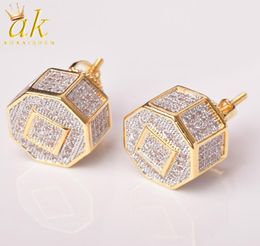 11MM Round Men Women Stud Earring Gold Colour Iced Cubic Zircon Screw Back Fashion Hip Hop Jewelry3831693